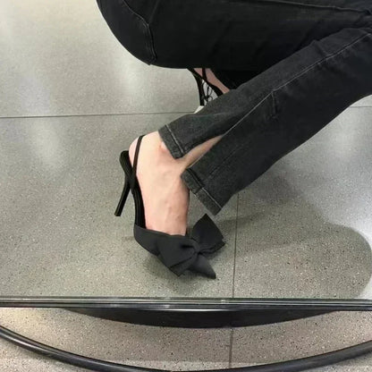Luxury Silver High Heeled Sandals Women Sexy Pointed Toe Back Strap Thin Heels for Women Elegant Bow Design Banquet Dress Shoes