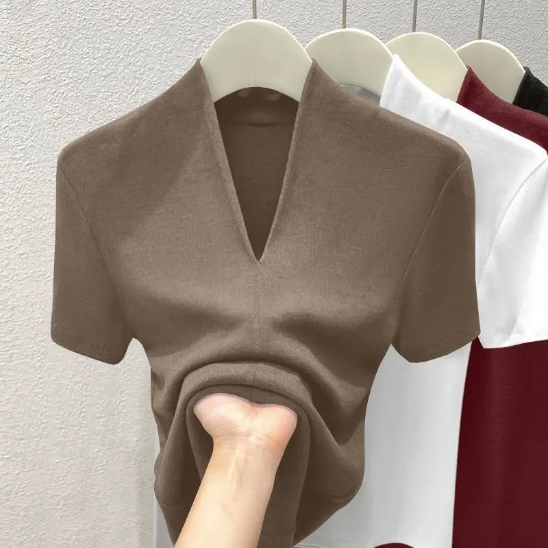 V Neck Slim T Shirt Women Cotton Elastic Basic Solid Female Casual Tops Short Sleeve Thin T-shirts