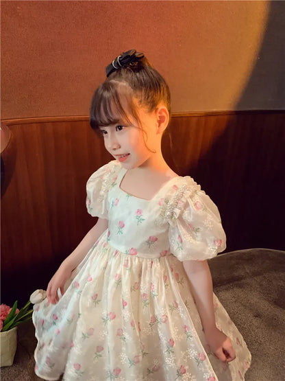 New Summer Princess Girls Dress Full Print Roses Flowers Pearl Inlay Decoration Puff Sleeve Bow Mesh Tutu Party Dresse For Kids
