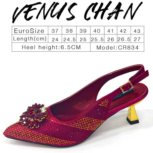 2024 Italian Design Rhinestone Luxury Wine Colour Pointed Toe Shoe & Bag Set Women's High Heels for Parties By Venus Chan