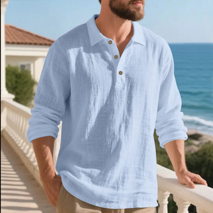 Linen shirt stand-up collar button-down men's loose casual breathable V-neck long-sleeved polo shirt