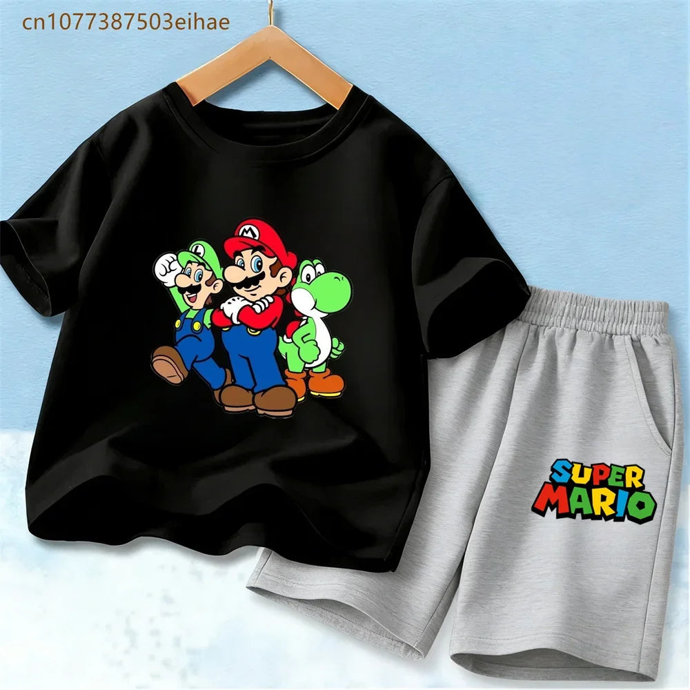 Cute Mario Pattern Children 2 Piece Suits Pure Cotton Short Sleeve Tee Tops + Fashion Shorts Summer Casual Daily Wear