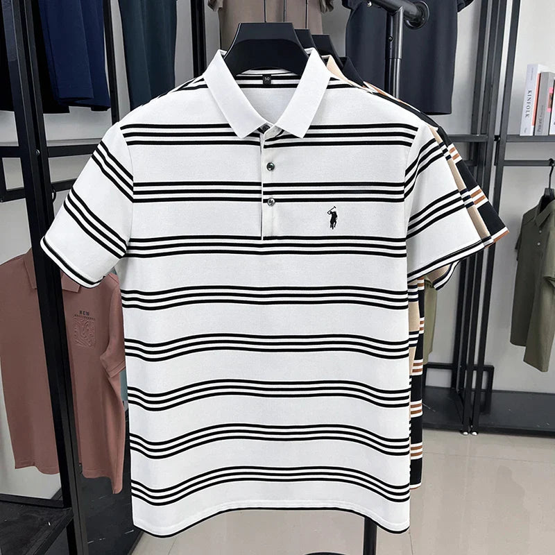Men's Short Sleeve Embroidered Striped Polo Shirt Summer High End Brand Fashion Business Breathable Lapel T-shirt Men's Clothing