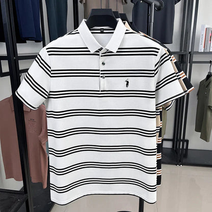 Men's Short Sleeve Embroidered Striped Polo Shirt Summer High End Brand Fashion Business Breathable Lapel T-shirt Men's Clothing