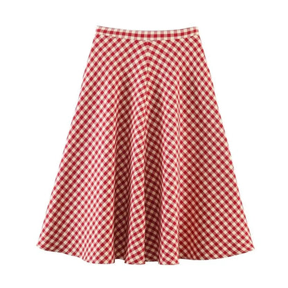 Women's Red Gingham A-Line Midi Skirt – High Waist, Flared Hem, Spring Casual Skirt for Picnic & Outdoor Outings