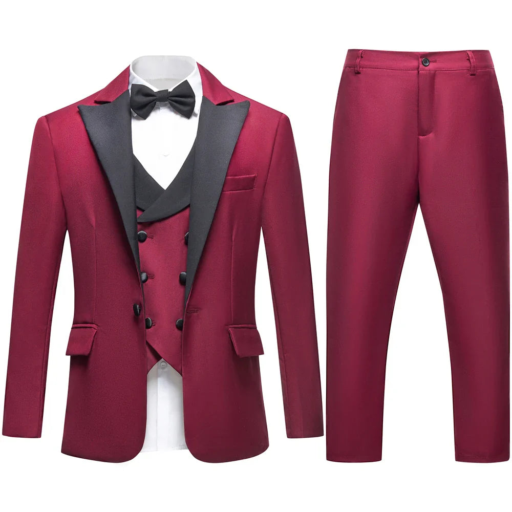 Vintage 4-Piece Suit Set for Boys 3-14 Years, Black Peak Laple Kids Formal Tuxedo Set, Blazer Vest Pants Bow-tie Graduation Suit