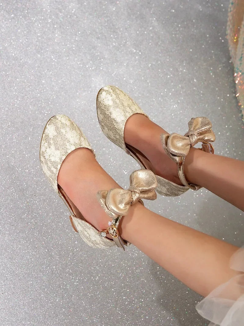 Girl Princess Dress Sandals Summer New Versatile Kids Fashion High Heels Shoes Sweet Bowknot Versatile Children Causal Sandals