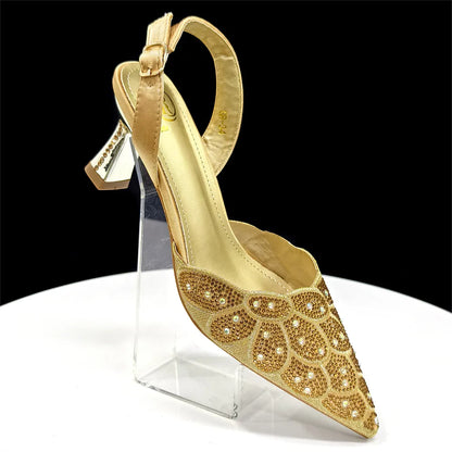 Women's Blue Color Heels with Rhinestone Accents & Matching Bag Set - Elegant Italian Fashion Pointed Toe Design