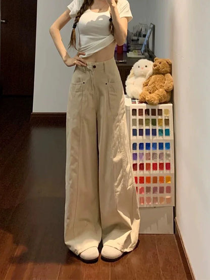 Botvotee Retro American Beige Denim Jeans for Women streetwear baggy High Waisted Flare 1950s/1960s Jeans Vintage Cargo Pants