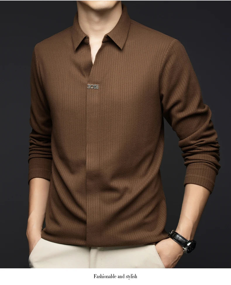 Men's Business Casual Solid Color Stretch V-neck POLO Shirt Daily Commute Striped Sweater for Fall 2024.