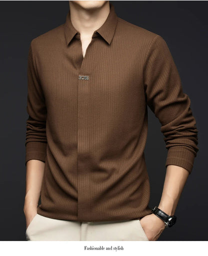 Men's Business Casual Solid Color Stretch V-neck POLO Shirt Daily Commute Striped Sweater for Fall 2024.