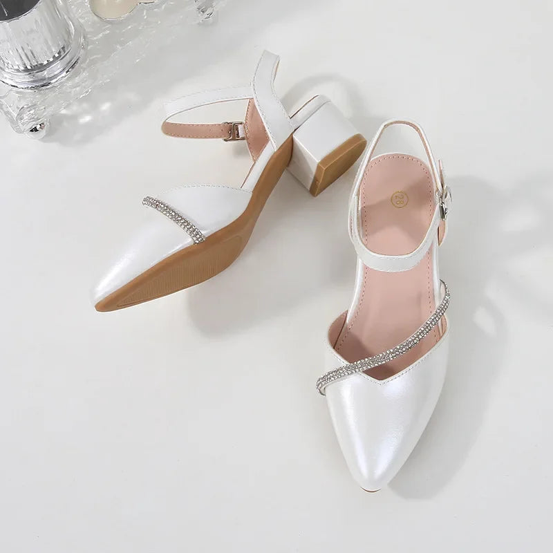 Girls' High Heels Sandals Fashion Rhinestone Pointed Toe Children's Princess Shoes Rubber Soles Non Slip Casual Sandals