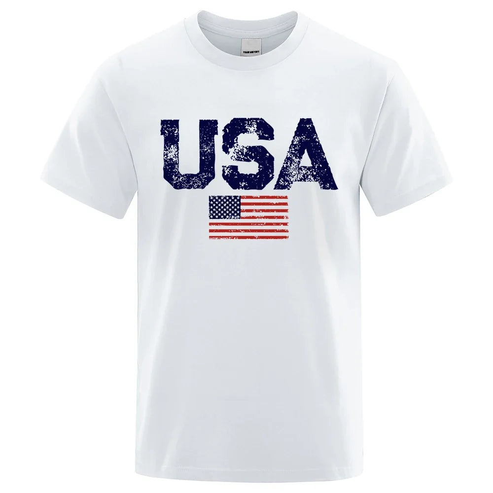 Vintage USA American Flag Print T-Shirt Men Women Patriotic Casual Cotton Tee Summer Outdoor Leisure Fashion Streetwear