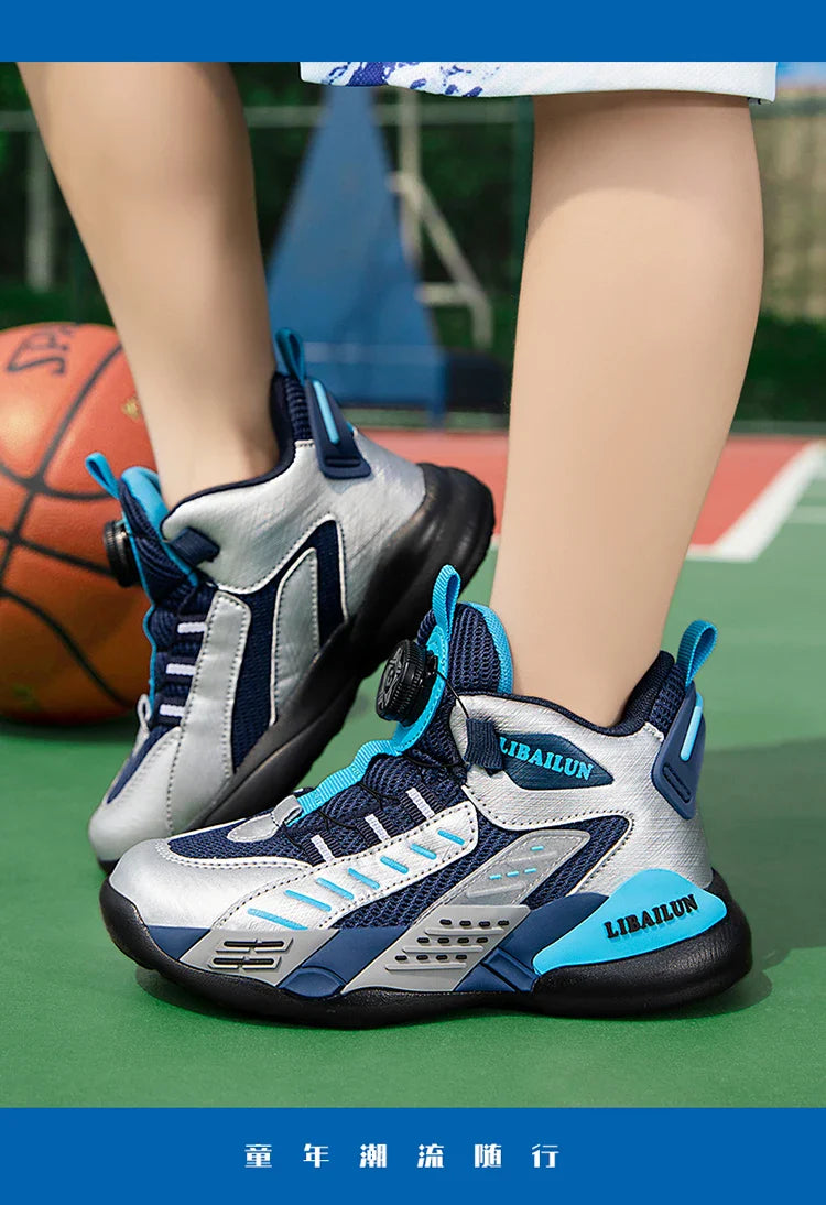 New Children Basketball Shoes Swivel Button Boys Fashion Sneakers Girls School Sport Shoes Kids Casual Trainers Outdoor Shoes