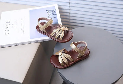 Girls Sandals Hook&loop Kids Beach Shoes Soild Color Versatile 2025 Summer Girls Princess Shoes Retro Sweet Flowers Korean Style