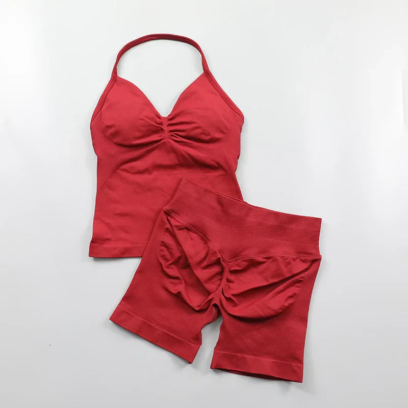 Yoga Longline Strappy Top Leggings Set Women's Backless Camisole Built-In bra Vest High-Waisted Hip Lift Gym Shorts Sports Set