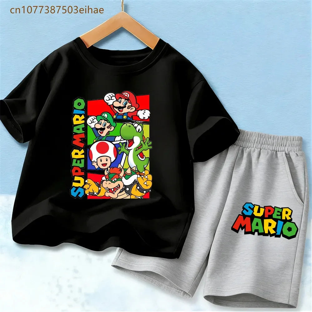 Lovely Mario Pattern Boys Girls Clothing Sets Soft Cotton Short Sleeve T Shirt + Casual Shorts 2PCS Summer Daily Wear Outfits