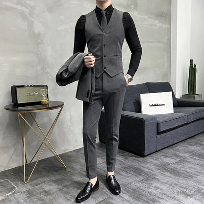 ( Blazer + Vest + Pants ) Boutique Fashion Solid Color Men's Slim Casual Business Suit Three-piece Set Groom Wedding Dress Party