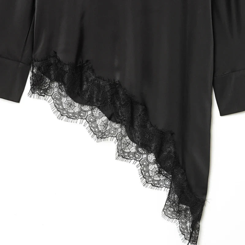 Lace Asymmetric Black Shirts Woman Blouses Spring Autumn 2026 Minimalist Women's O-Neck Long Sleeve Top Korean Style Blouse