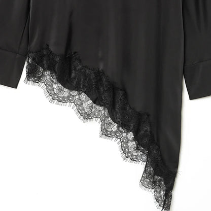 Lace Asymmetric Black Shirts Woman Blouses Spring Autumn 2026 Minimalist Women's O-Neck Long Sleeve Top Korean Style Blouse