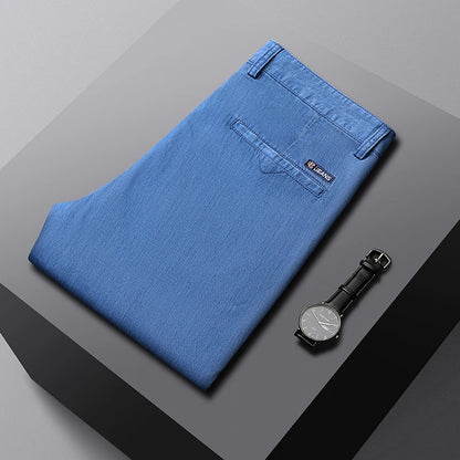2026 Thin Stretch Denim Business Casual High Waist  High Lyocell  Men's Fit Straight Lightweight Cotton  Light Grey Jeans