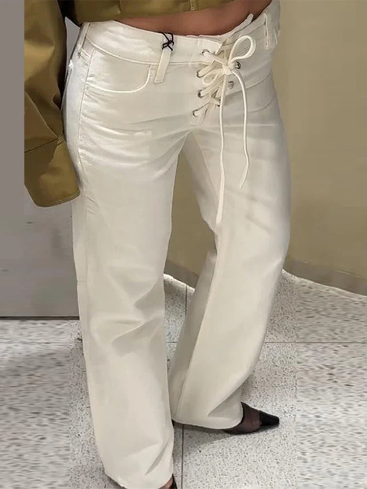 Women Loose White Lace Up Pockets Low Waist Straight Long Pants