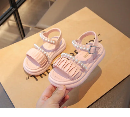 Girls Sandals Pleated Ins Trendy Kids Princess Shoes Beads Sweet Soft Sole 2025 Summer New Children Beach Shoes Open Toes Cute