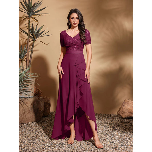 V-neck short-sleeved sequined chiffon pleated asymmetrical hem dress