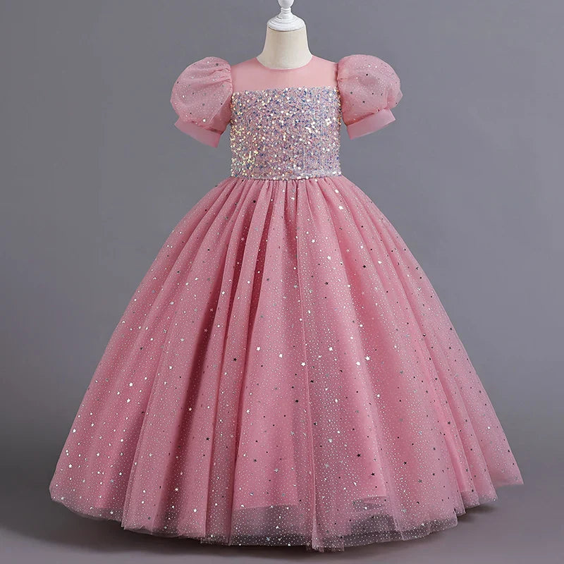Children's Dress Girls' Princess Sequin Bubble Sleeve Long Mesh Flower Little Girl Wedding For Summer