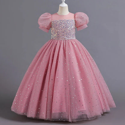 Children's Dress Girls' Princess Sequin Bubble Sleeve Long Mesh Flower Little Girl Wedding For Summer