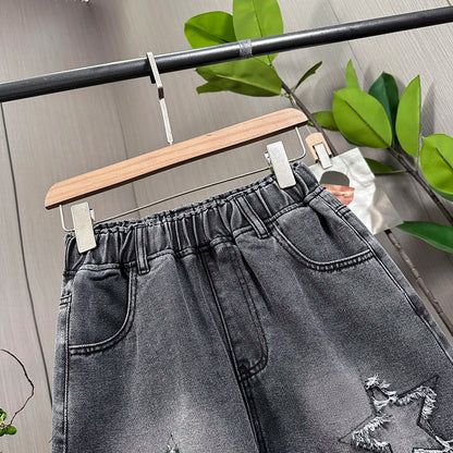 L-6XL Plus Size Denim Shorts For Women Summer 2025 High Waist Black Loose Wide Leg Short Jeans Women Star Large Size Short Jeans