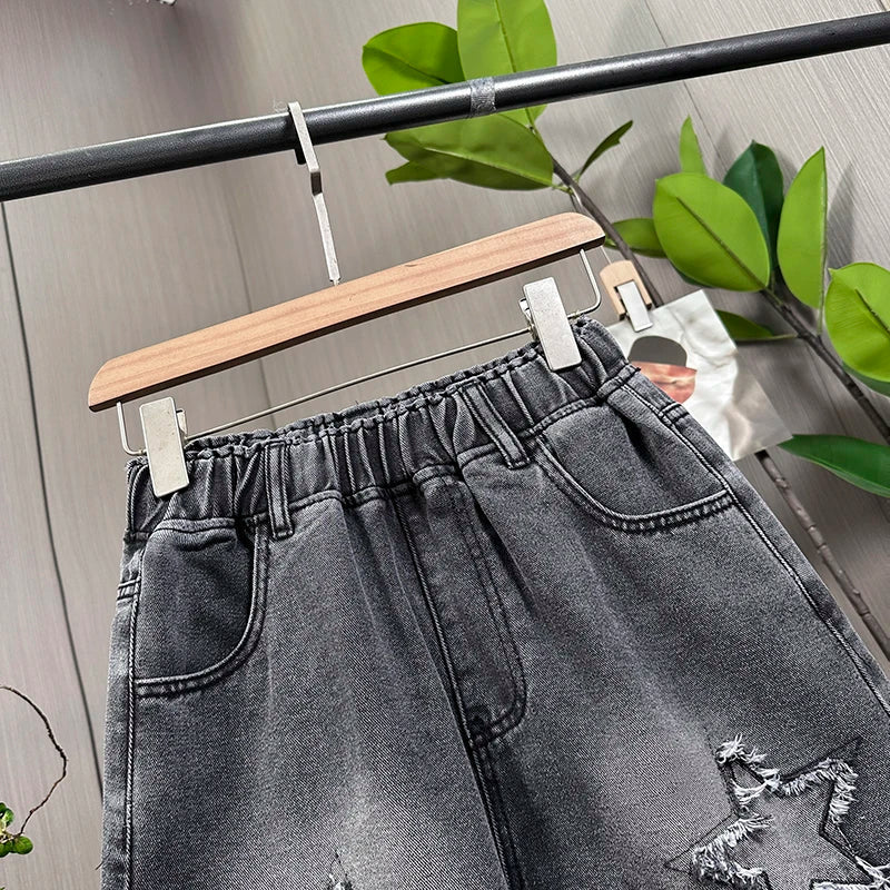 L-6XL Plus Size Denim Shorts For Women Summer 2025 High Waist Black Loose Wide Leg Short Jeans Women Star Large Size Short Jeans