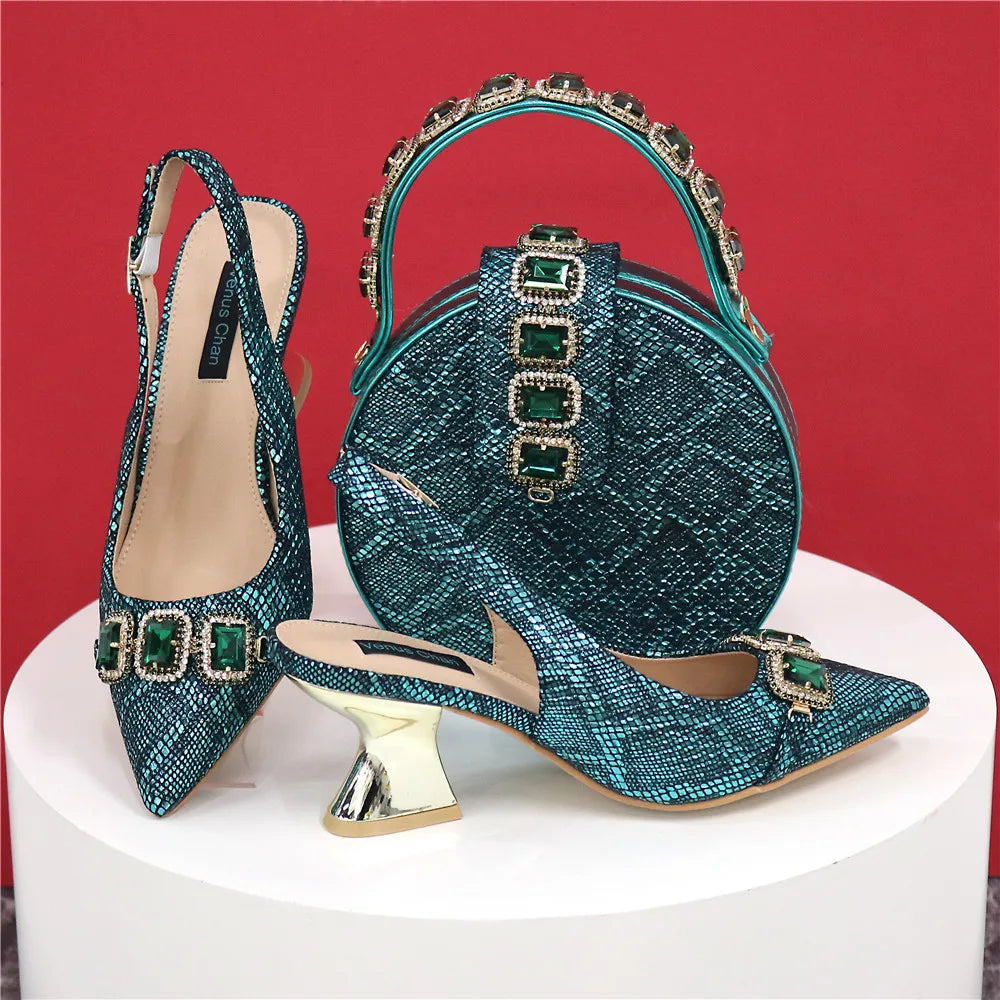Ladies High Quality Women's Pumps And Bag Italian Fashion Design Dark Green Color Bag For Nigeria Wedding Party