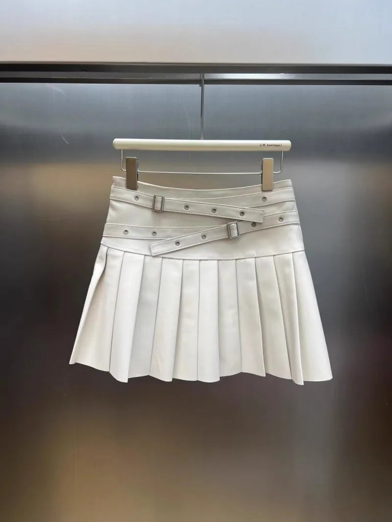 Punk Women Genuine Leather Skirt High Waist Sexy Mini A Line Skirts New Solid Color Ladies Casual Sweet Sheepskin Pleated Skirt