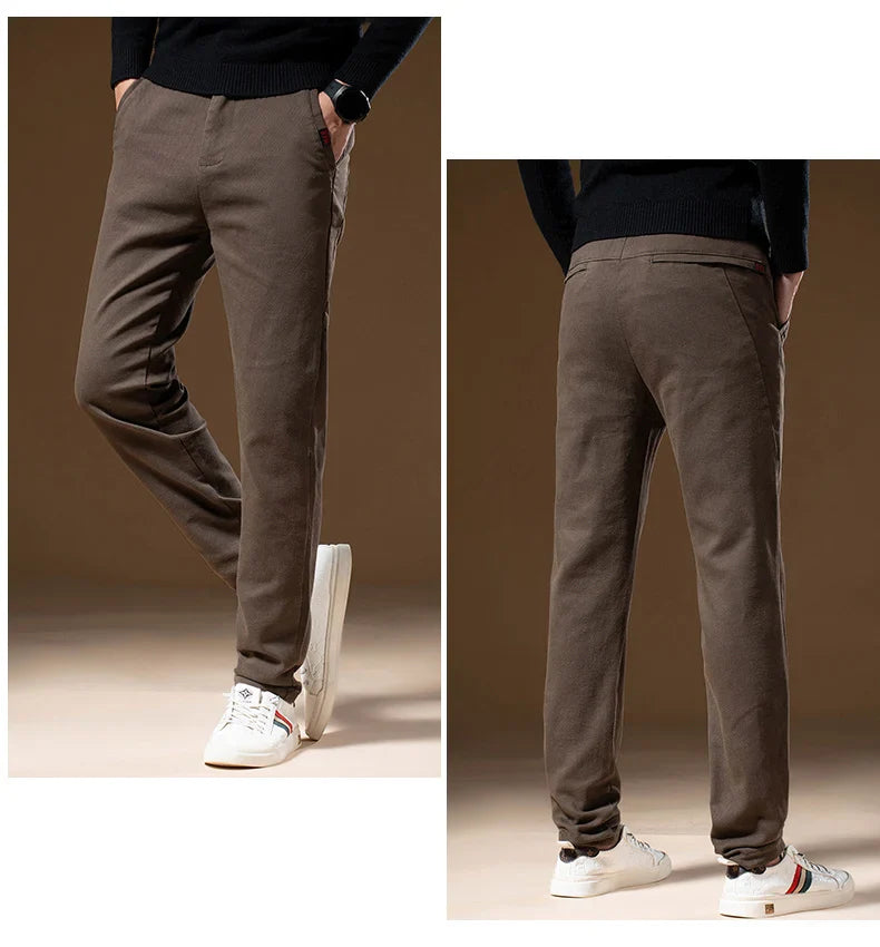 Korean Business Casual Fleece Men Pants Winter Thickened Straight Thermal Casual Pants Male Fashion Stretch Warm Velvet Trousers