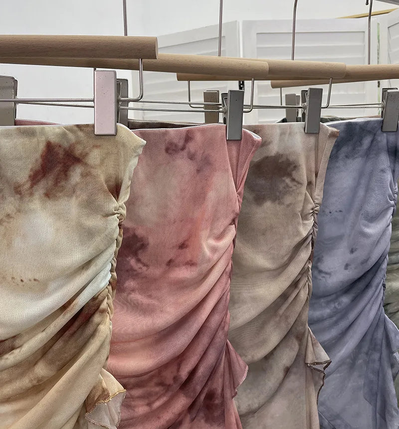 Tie Dye Summer Tops for Women Y2K Strapless Sleeveless Asymmetrical Ruffle Fishtail Ruched Stretch Mesh Vintage Clothes