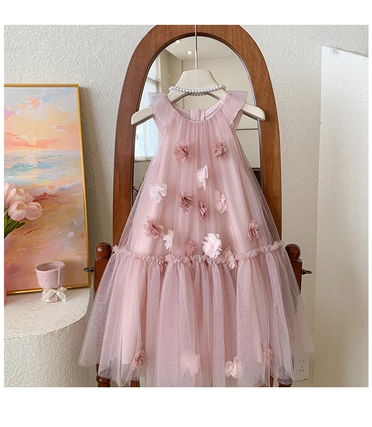 Girls' Sleeveless Floral Mesh Dress - Princess Party Gown for Toddlers 2-8 Years, Breathable Wedding & Special Occasion Dress
