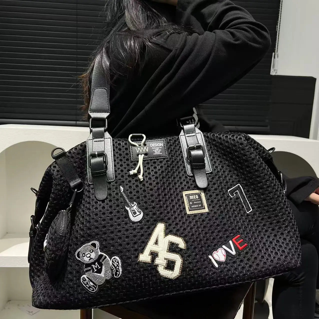 Fashionable women's mesh nylon adhesive tote bag, large capacity splicing shoulder bag, short distance travel casual handbag