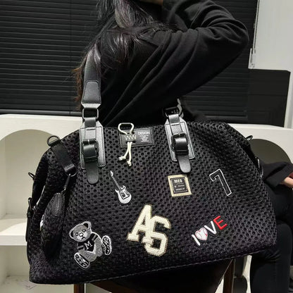 Fashionable women's mesh nylon adhesive tote bag, large capacity splicing shoulder bag, short distance travel casual handbag