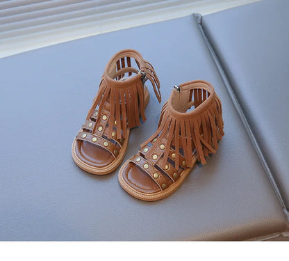 England Style Fashion Tassel Sandals Summer New Side Zipper Rivet High-top Sandals Student Beige Brown Roman Shoes Fringe I05235