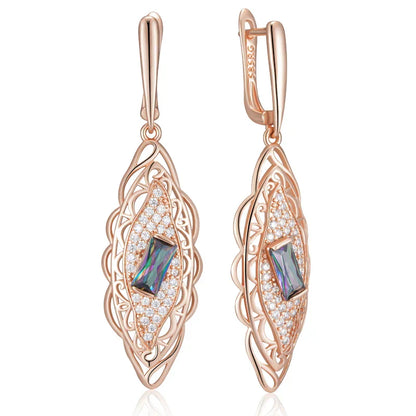 Hot 585 Rose Gold Color Flower Dangle Earrings for Women Square Colorful Natural Zircon Accessories Daily Fine Jewelry