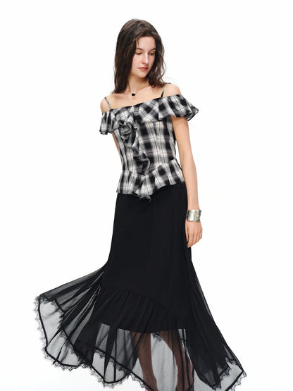 Romantic French Lace Patchwork Midi Skirt 2026 Summer New Arrival Elegant High-waisted Black A-line Skirt Women Elegant
