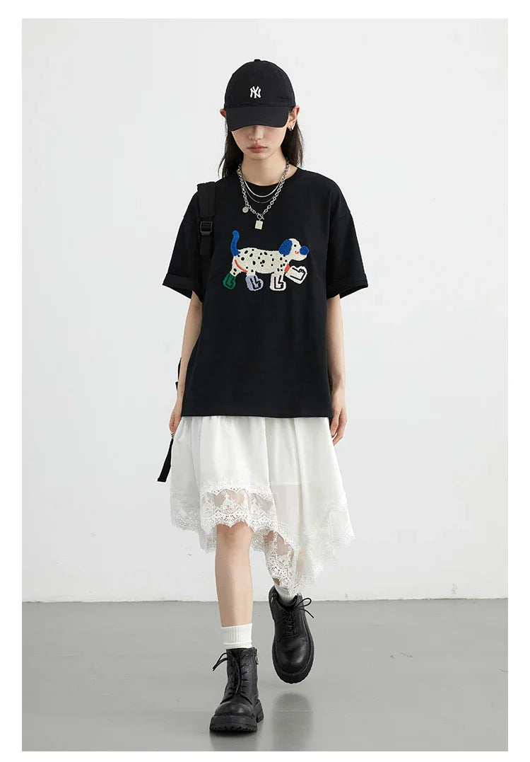 CHIC VEN Camisetas Femininas Soltas Streetwear Unissex Divertido Cão Bordado Manga Curta Algodão Blusas Menina Femininas Verão 2025