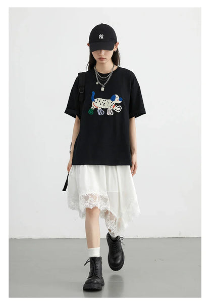 CHIC VEN Camisetas Femininas Soltas Streetwear Unissex Divertido Cão Bordado Manga Curta Algodão Blusas Menina Femininas Verão 2025