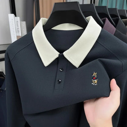 Premium luxury men's long sleeve polo shirt brand cartoon bear embroidery Korean style fashion comfort autumn new lapel T-shirt