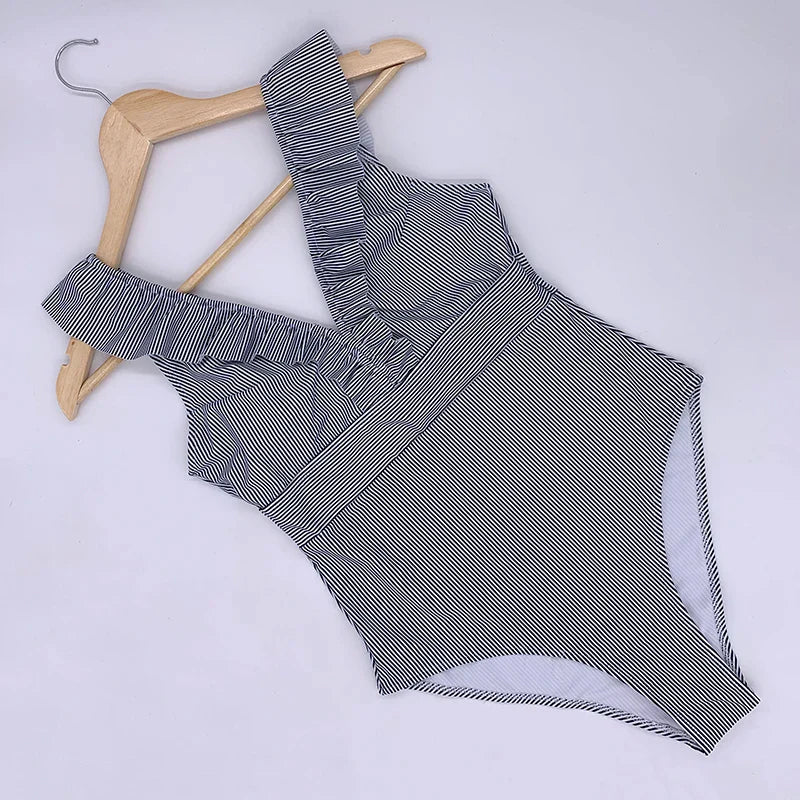 Sexy One Piece Swimsuit 2023 Women Striped Ruffled Swimwear Women Vintage Print Monokini Female Bodysuit Girl Beach Bathing Suit