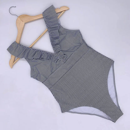 Sexy One Piece Swimsuit 2023 Women Striped Ruffled Swimwear Women Vintage Print Monokini Female Bodysuit Girl Beach Bathing Suit