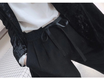 Women Long Pants 100% Mulberry Silk Belted Waist Trousers With Pockets Black Color Office Lady M0609