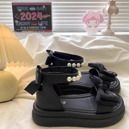 Girls Sandals Pearl Bow Princess Shoes 2026 Summer New Children's Beach Shoes Girls Soft Sole Sandals