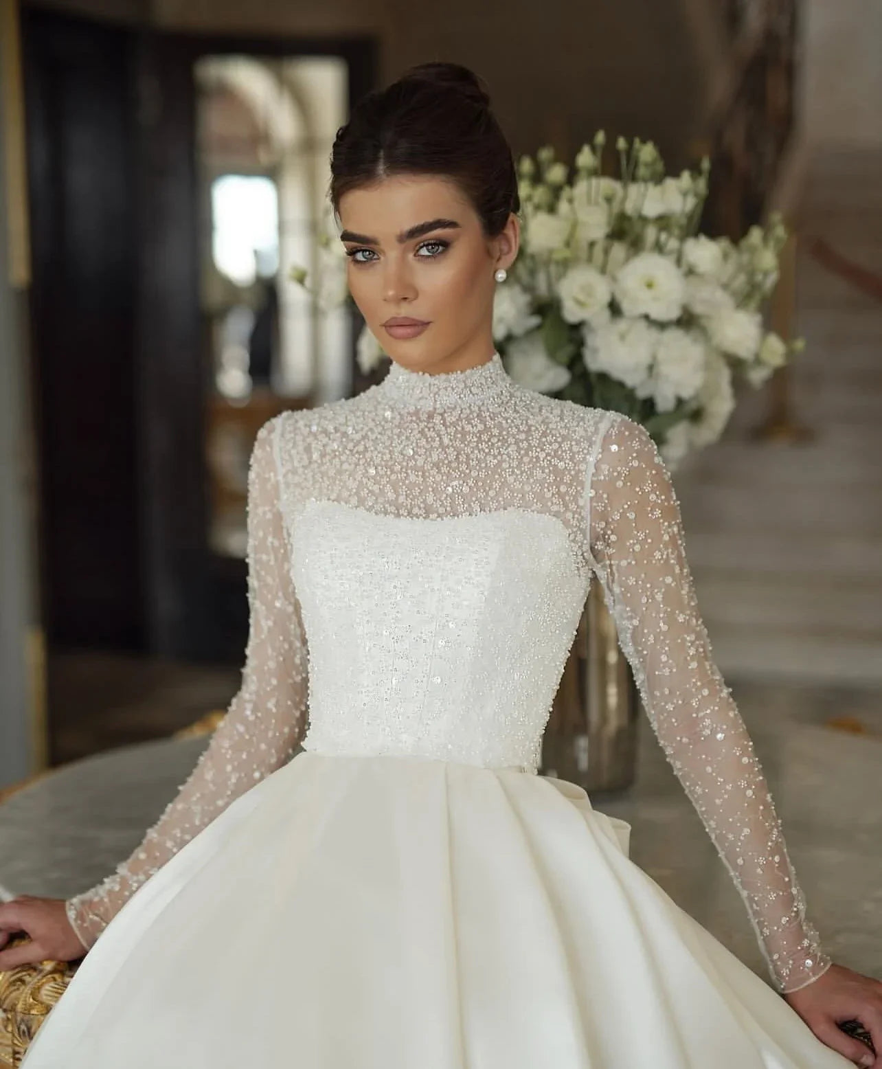 Customized A-line dress, high-neck wedding dress, elegant bow puffy dress, wedding dress  Vestido de novia